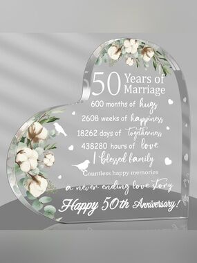 Yulejo 50th Wedding Anniversary Gift Acrylic Heart Plaque Farmhouse Cotton Decor
